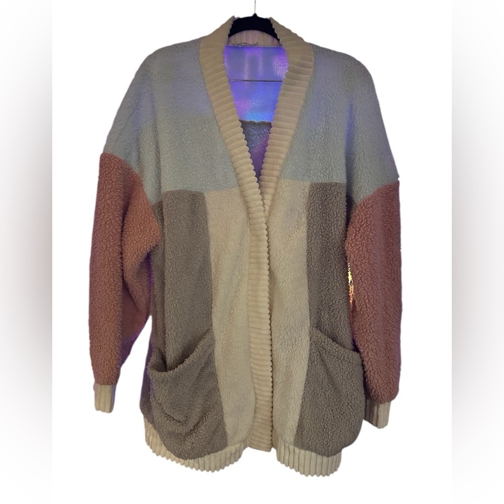 Anthro Olivia look alike sweater Color block fuzzy pockets snap front pastel S